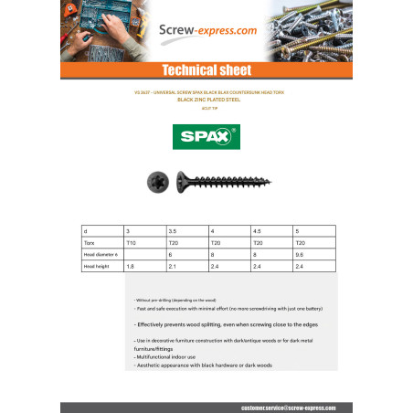 1 x Spax Wood Screw Countersunk Head T10 3X20 Thread Length: 17 Black Zinc Plated micro screw