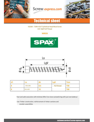 1 x Spax Wood Screw Pan Head T40 8X600 Full...