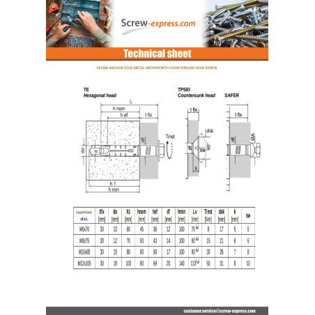 1 x Stud Anchor Plug METAL 82X105 Screw M12X110Z