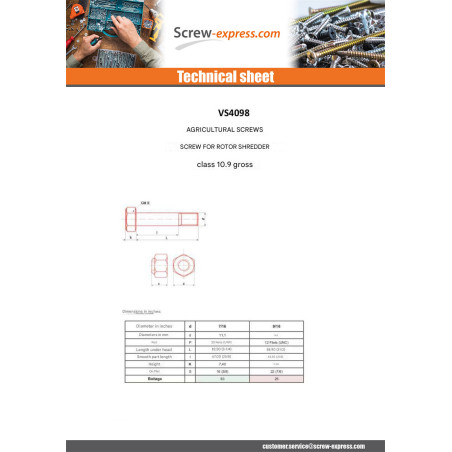 1 x Screw ROTOR CRUSHER 9/19X3"1/2 Class 10.9 Steel