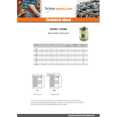 1 x Self Tapping Insert With Head FINFIX Brass M4X7.9