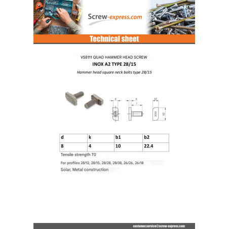 1 x Machine Screw Hammer Head 10X10X4 M8X20 Stainless Steel A2 for 28/15 profiles