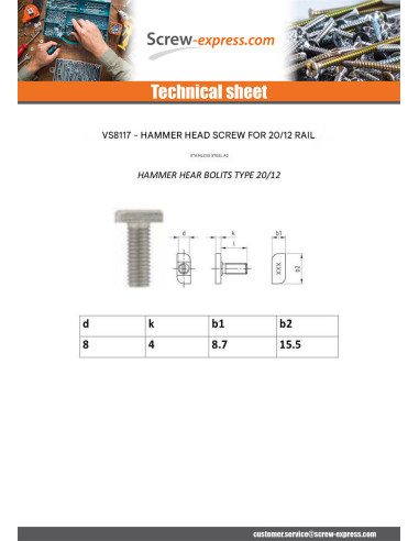 1 x Machine Screw Hammer Head 8.7X15.5X4 M8X20...