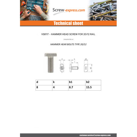 1 x Machine Screw Hammer Head 8.7X15.5X4 M8X20 Stainless Steel A2 T20/12