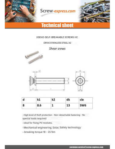 1 x Machine Screw Security Shear Hexagon Recess...