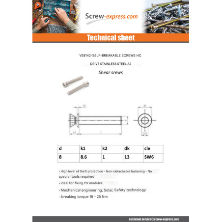 1 x Machine Screw Security Shear Hexagon Recess Stainless Steel A2 M8X40