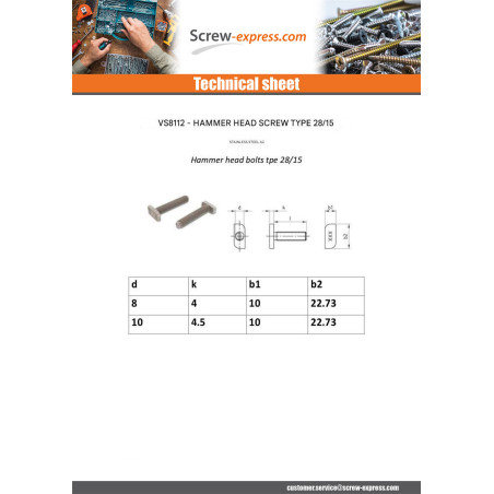 1 x Machine Screw Hammer Head 10X4.5X22.73 M8X50 Stainless Steel A2 for 28/15 profiles