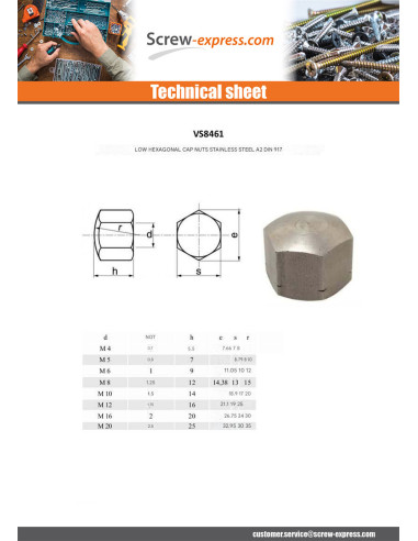 1 x Cap nut Hexagonal DOWN Stainless Steel A2 M16