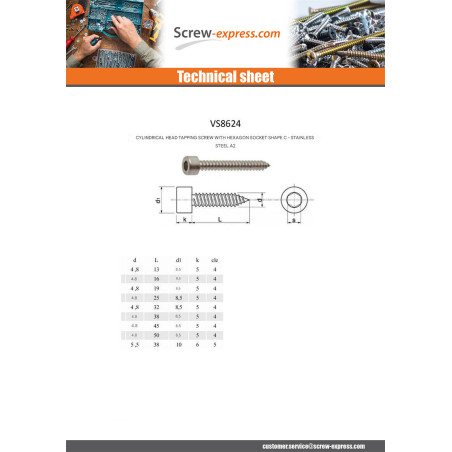 1 x Thread Rolling Screw Socket Head Stainless Steel A2 4.8X38