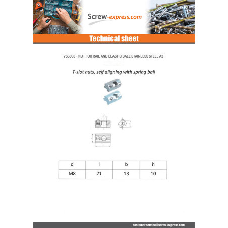 1 x Nut Rail For BALL M8 13X22X10 Stainless Steel A2