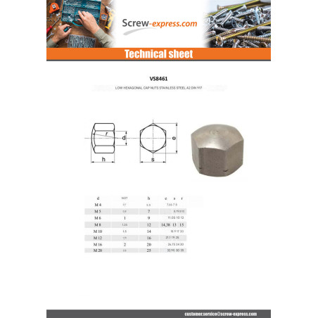 1 x Cap nut Hexagonal DOWN Stainless Steel A2 M5