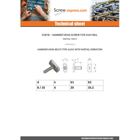1 x Machine Screw Hammer Head 20X35.2X6 M8X30 Stainless Steel A2 T41/41