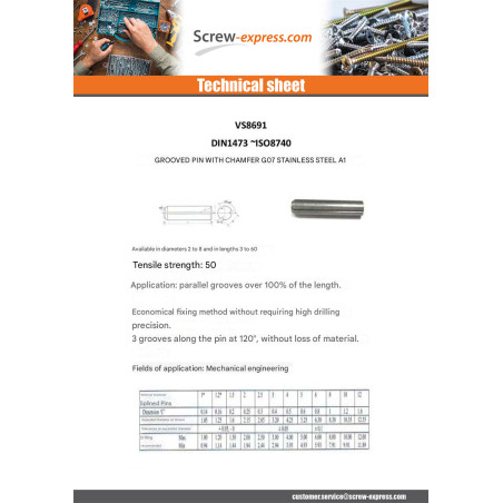 1 x Grooved Pins Full Length Parallel Grooved Chamfer G07 Stainless Steel A1 5X25