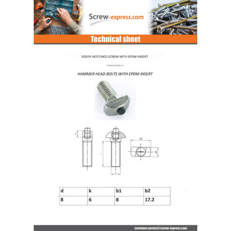 1 x Machine Screw Hammer Head 17.2X8X6 EDPM M8X18 Stainless Steel A2
