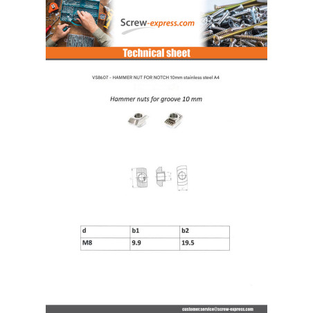 1 x Nut Hammer 9.9X19.5 M8 Stainless Steel A2