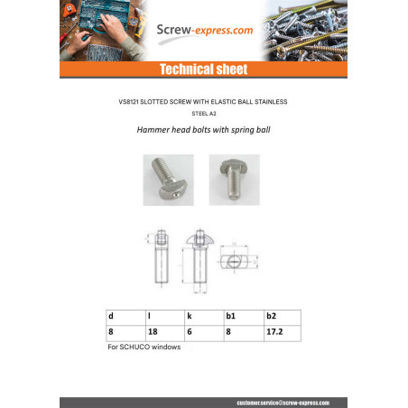 1 x Hammer Head Bolts With Spring Ball M8X22 8X17.2 Stainless Steel A2