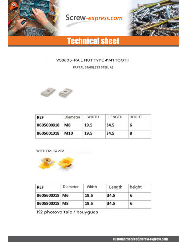 1 x Nut Rail Stainless Steel A2 19.5X34.5X8 M10