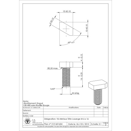 1 x Machine Screw Head Lozenge M6X16 Zinc Plated 128 Hour Salt Spray Without Red Rust