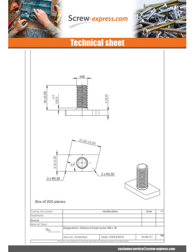 1 x Machine Screw T.LOSANGE M8X18 Zinc Plated