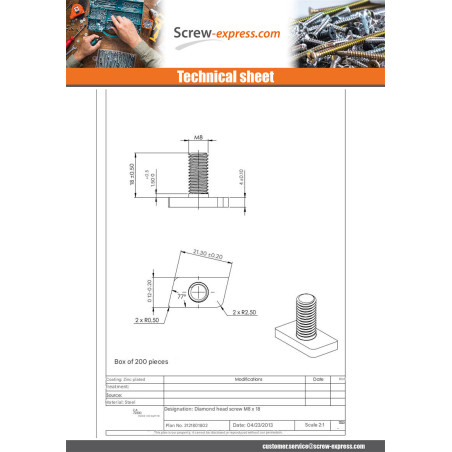 1 x Machine Screw T.LOSANGE M8X18 Zinc Plated