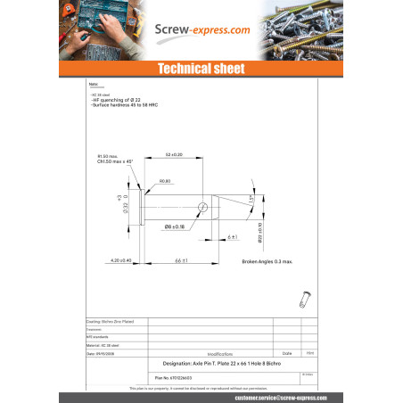 1 x Rod Pin With Hole Flat Head 22X66HOLE Diameter 8 Yellow Zinc