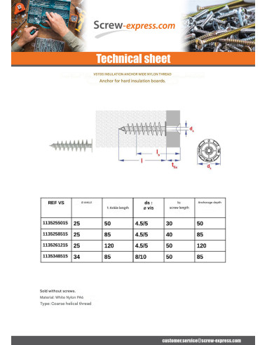 1 x Insulation dowels thread FAT 34X85 Nylon