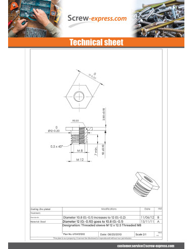 1 x Anchor Self Tapping M12X12.5 Internal M8...