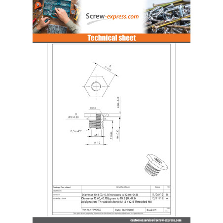 1 x Anchor Self Tapping M12X12.5 Internal M8 Zinc Plated