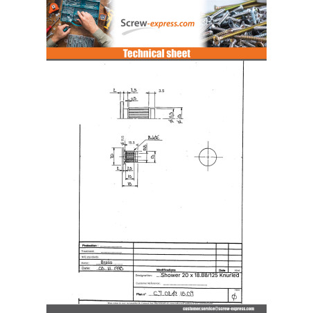 1 x Nut Bookbinder Knurled Brass M8 Head Diameter: 20 Lengh Under Head 16