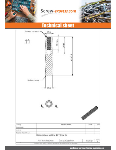 1 x Thread Steel M8X45 Hole And Drill M5/15
