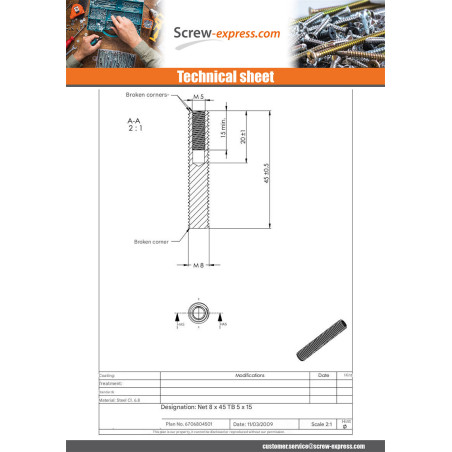 1 x Thread Steel M8X45 Hole And Drill M5/15