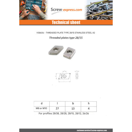 1 x Nut Rail Stainless Steel A2 13X27X4 M8