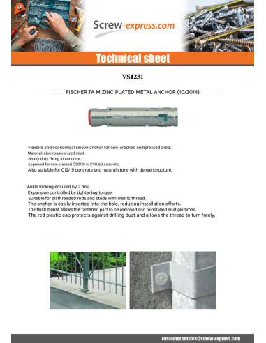 1 x Plug Metallic Fischer TAM6 M6X49 Zinc Plated