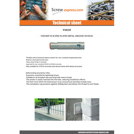 1 x Plug Metallic Fischer TAM12 M12X86 Zinc Plated