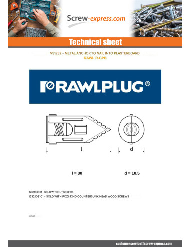 1 x Nail dowel for plasterboard 10.5X30 Without...