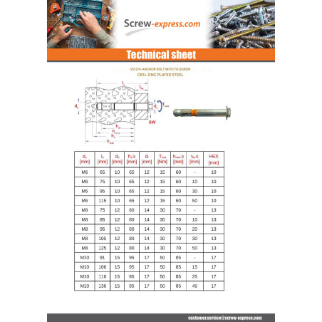 1 x Bolt With Nut Anchor M12X117 With Machine Screw Hexagonal Head Zinc Plated