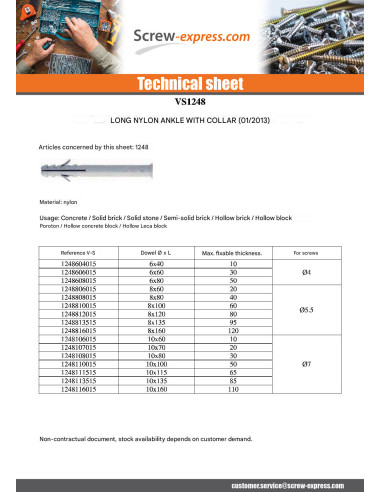 1 x Plug Nylon Long Collar 8X60 Linch Pin Screw...