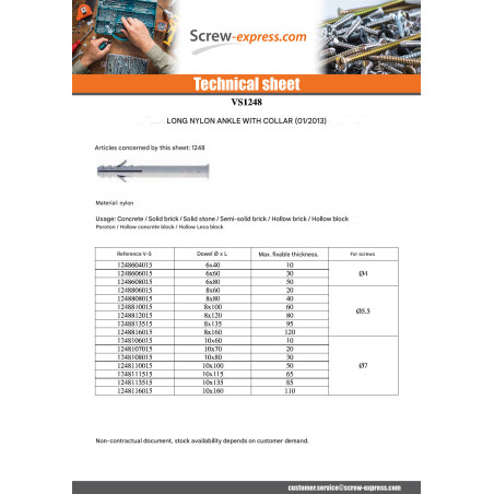 1 x Plug Nylon Long Collar 10X100 Linch Pin Screw 7