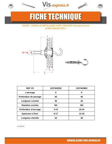 1 x Metal Anchor 4X38 to Hook Zinc Plated