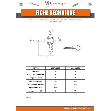 1 x Metal Anchor 4X38 to Hook Zinc Plated