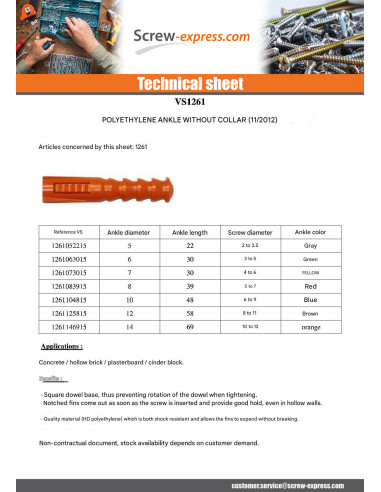 1 x Plug POLYETHYLENE RAM R 7X30 Without Collar