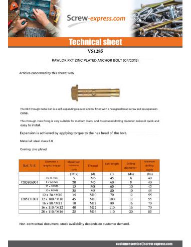 1 x Metal Bolt With Nut RKT 8X60 M6 Zinc Plated