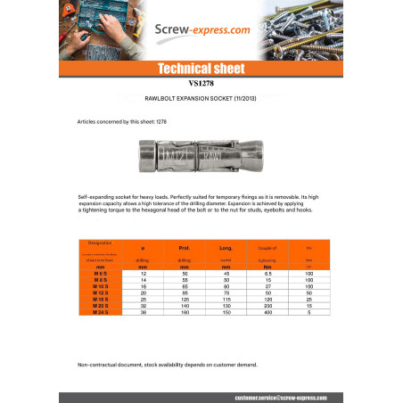 1 x Wall Fixing Rawl Bolt M 8 S 4603
