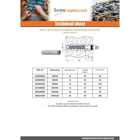 1 x Metal sleeve for chemical anchor M6X48 Zinc Plated