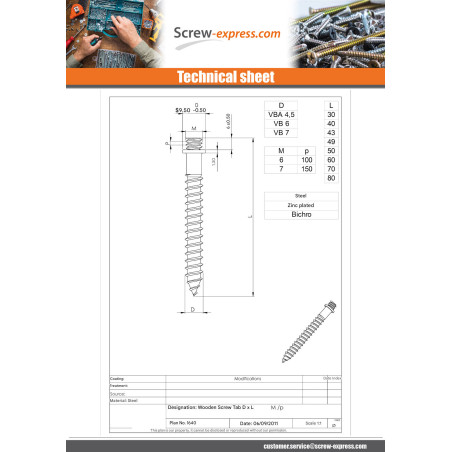 1 x PAWS to Wood Screws Zinc Plated 5X49 M7/150