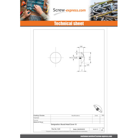 1 x Cap ROUND. Brass Diameter 15 STEM M3X5.4