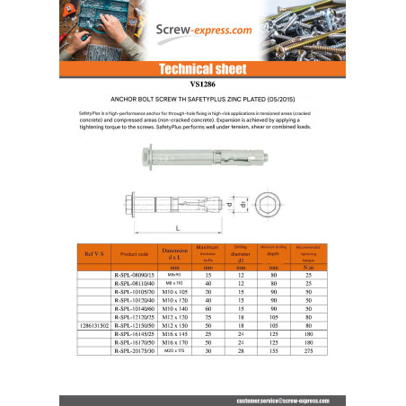1 x Bolt With Nut Anchor Screw Hexagonal Head SAFETYPLUS M12X150 Zinc Plated