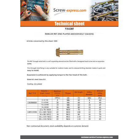 1 x Metal Bolt With Nut RKT 16X110 M12 Zinc Plated