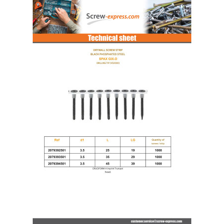 1 x Roll of plasterboard 50 screws for gun Spax GIX-D 3.5X45 Phosphated Plain