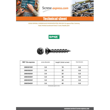 1 x Drywall Screw Spax 3.9X25 Phosphated Plain GIX-C
